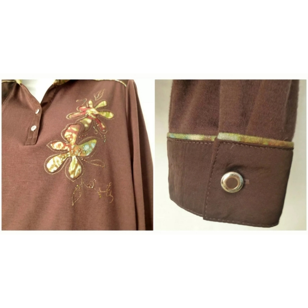 Women Top Size L Brown Long Sleeve Henley Stretch - Picture 6 of 8
